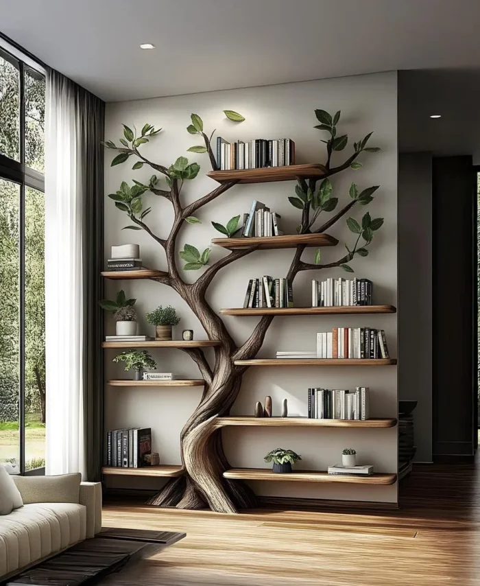 TimberCanopy - Rustic Tree Bookshelf, Solid Wood, Wall-Mounted