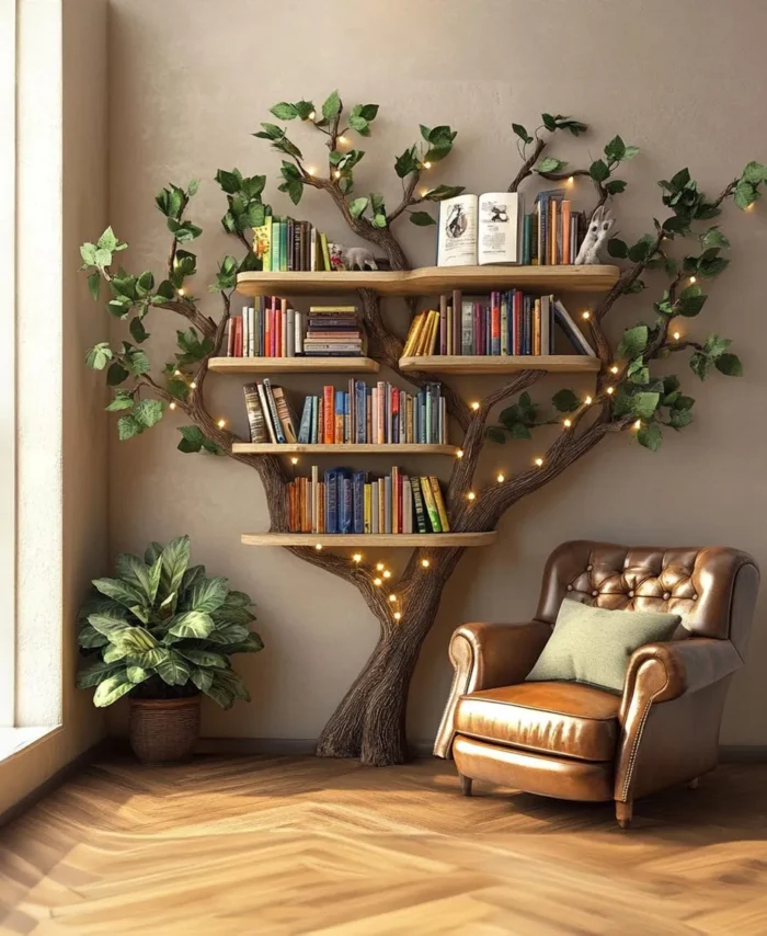 Midnight Arbor - Black Tree Bookshelf, Wall-Mounted Floating