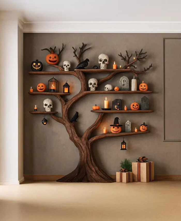 Autumn Grove Tree Bookshelf - Solid Wood, Rustic Shelf Display (Halloween)