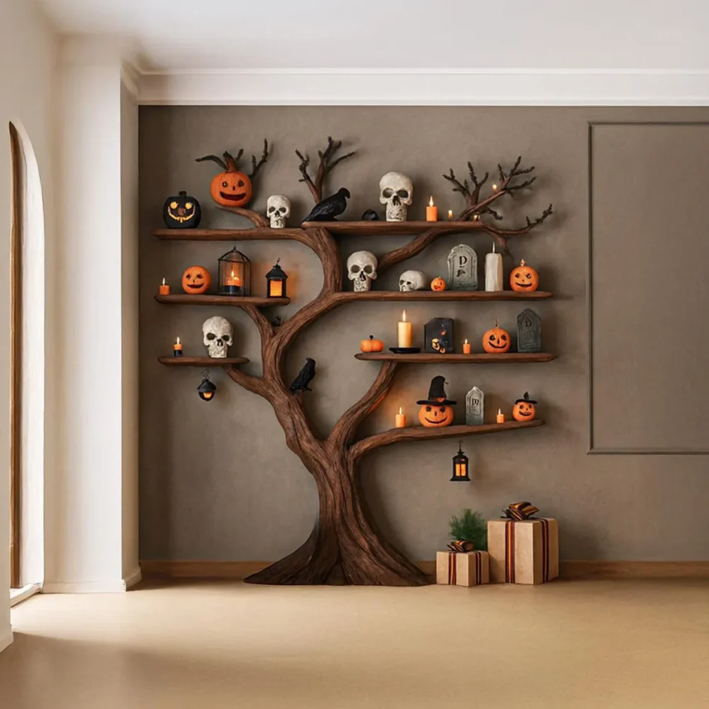 Autumn Grove Tree Bookshelf - Solid Wood, Rustic Shelf Display (Halloween) - Image 2