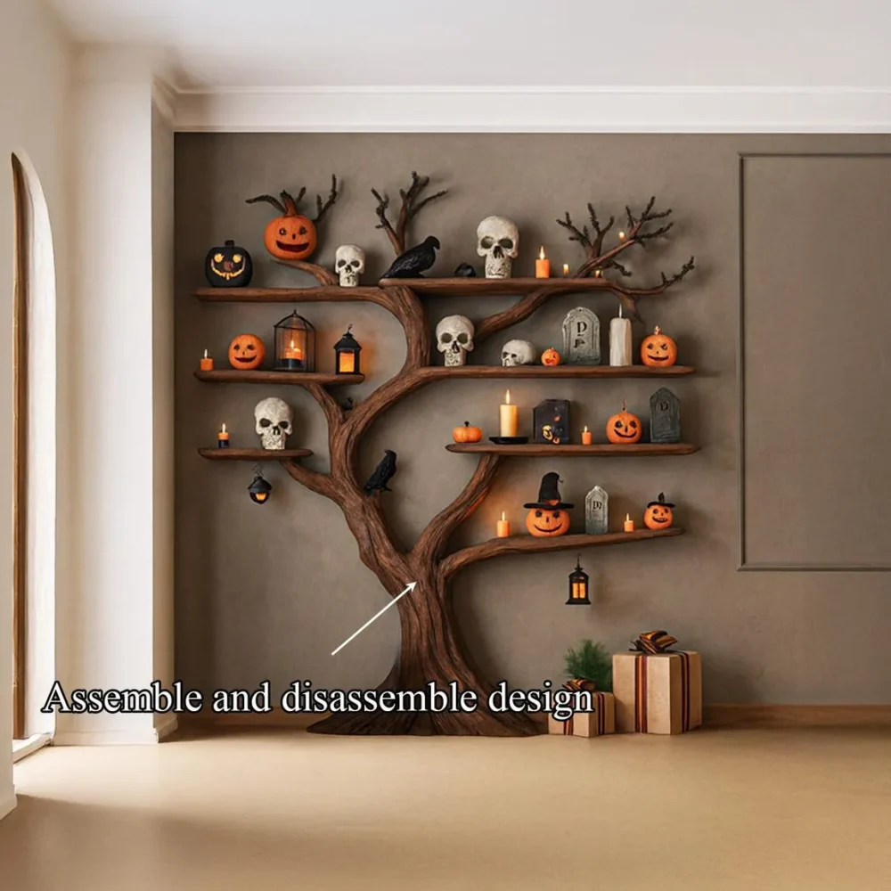 Autumn Grove Tree Bookshelf - Solid Wood, Rustic Shelf Display (Halloween) - Image 4