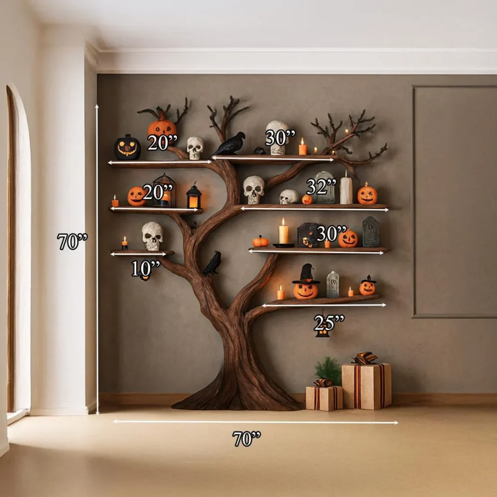Autumn Grove Tree Bookshelf - Solid Wood, Rustic Shelf Display (Halloween) - Image 6