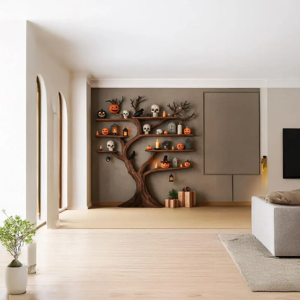 Autumn Grove Tree Bookshelf - Solid Wood, Rustic Shelf Display (Halloween) - Image 7